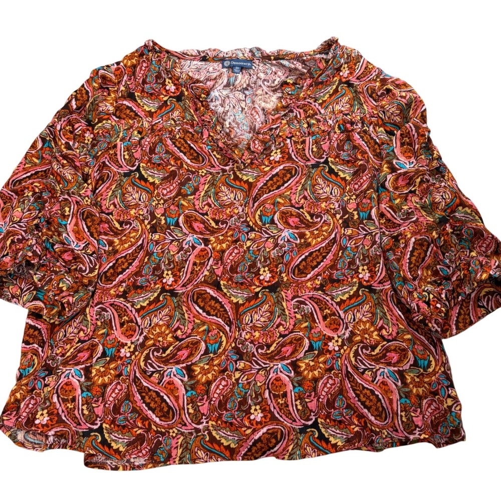 Democracy Womens 2X Paisley‎ Ruffle V-Neck Rayon Blouse Multi-Color Lightweight